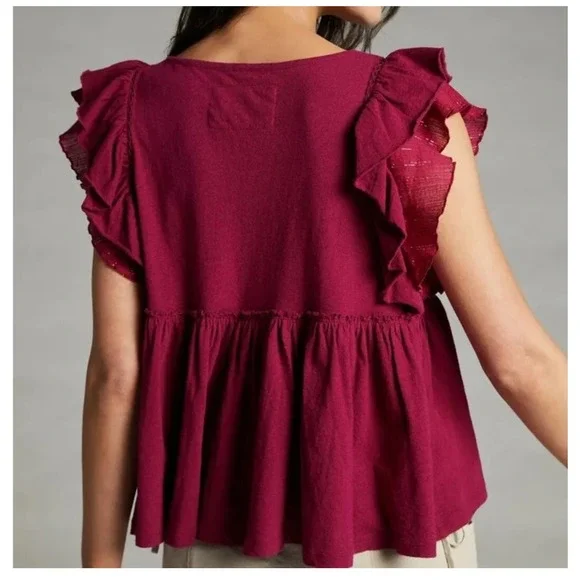 Anthropologie Caroline ruffled babydoll top Raspberry (XS) - Picture 2 of 9